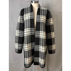 Talbots Petite XL Black White Plaid Open Front Knit Cardigan Sweater Women
